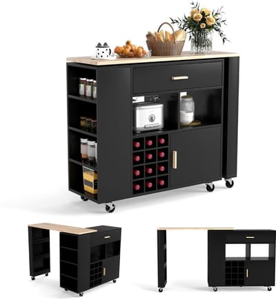 Keukeneiland - Verplaatsbaar - Keukenkast - Dressoir - Organizer - Kasten - Houten Werkblad - Lade - Zwart