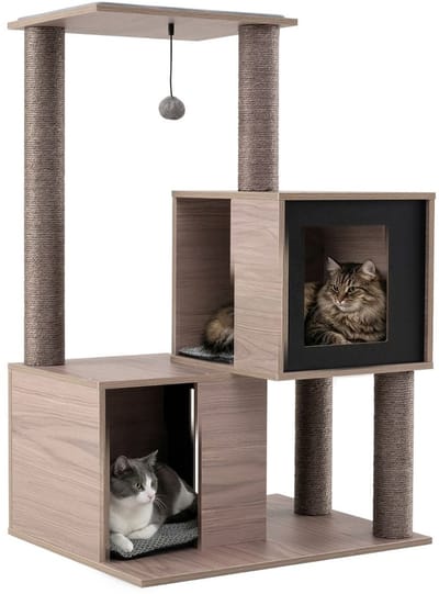 Kattenhuis - Voor buiten - Hok - Kooi - Bench - Ren - 4 verdiepingen - duurzaam - Grijs + Zwart