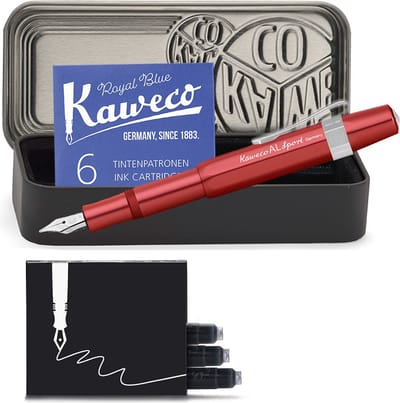 Kaweco - Cadeauset - 4delig - Kaweco AL SPORT Fountain Pen RED vulpen - Fine - Nostalgic Octagonal Clip Chrome - Zwart Vintage blikje - Doosje Royal Blue - Doosje zwarte Vullingen
