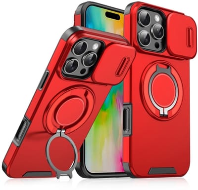 Backcover Hoes Geschikt voor: Apple iPhone 16 Pro Max - Magnetische Ringhouder met Sliding Lens Camshield - Rood