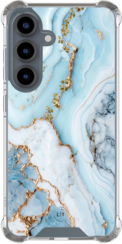Shockproof hoesje - Geschikt voor Samsung Galaxy S25 - Marmer babyblauw - Extra sterke case - TPU/polycarbonaat - Marmer - Blauw, Transparant