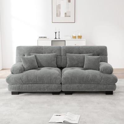 BLACKCOLORS Cloud hoekbank voor de woonkamer, tweezitsbank in chenille met 2 rugkussens en 2 sierkussens, massief houten frame, grijze chenille