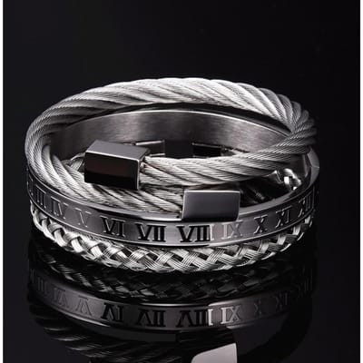 Luxe 3 stuks / Set roestvrijstalen armband Hip Hop Heren sieraden Romeinse cijfers Charm Goudkleurige sieraden voor heren Pulseira Bileklik gray