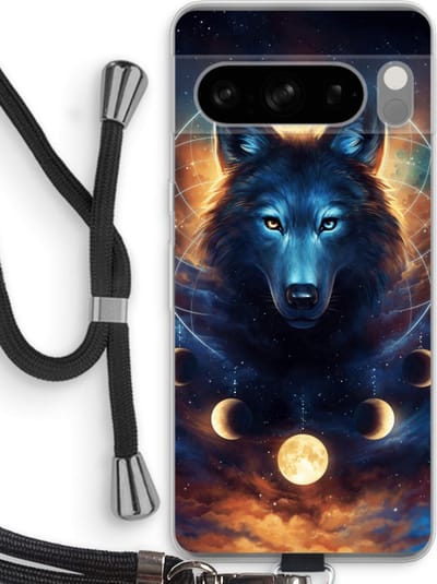 Case Company® - Hoesje met koord geschikt voor Google Pixel 8 Pro hoesje met Koord - Wolf Dreamcatcher - Telefoonhoesje met Zwart Koord - Bescherming aan alle Kanten en Over de Schermrand