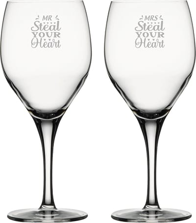 Gegraveerde set rode wijnglazen 42,5cl Mr. Steal your heart - Mrs. Steal your heart
