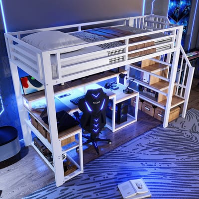 DESMIU Hoogslaper 90x200cm Met Matras Of Zonder Matras - Bed Met Trap Opbergruimte Ledverlichting Usb Werkplek - Modern Metaal En Mdf - Wit