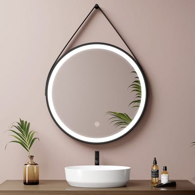 EMKE LED Wandspiegel met Ophangriem - OLM04 - Dimbaare Verlichting 6500K Koud Wit - 50CM - IP44 Hangspiegel voor Badkamer Slaapkamer & Hal