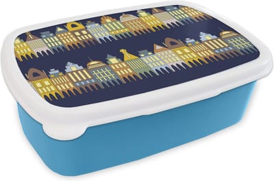Broodtrommel Blauw - Lunchbox - Brooddoos - Patronen - Huizen - Gebouw - 18x12x6 cm - Kinderen - Jongen