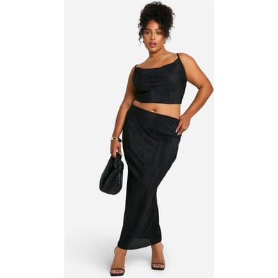 boohoo Dames Plus Plisse Cami Top & Midaxi Rok Co Ord | Zwart | Maat: 52