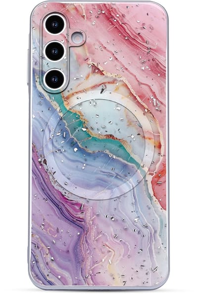 Casemania Hoesje Geschikt voor Samsung Galaxy S25 FE - Roze - Marmer Glitter Back Cover met Camera Bescherming - Geschikt voor MagSafe