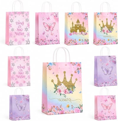 10 pastelkleurige cadeauzakjes met handgrepen, schattige papieren geschenkzakjes voor verjaardagen, babyshowers en bruiloften met kroon en vlinderprint