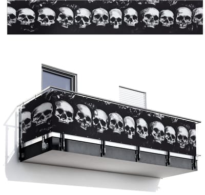Balkonscherm 500x85 cm - Balkonposter Schedels - Zwart - Contrast - Balkon scherm decoratie - Balkonschermen - Balkondoek zonnescherm