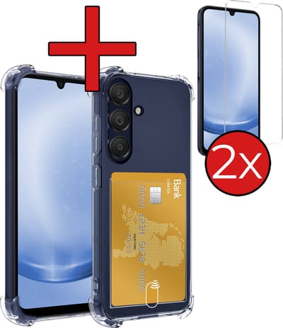 Hoesje - Geschikt voor Samsung Galaxy A25 - Met 2x Screenprotector - Pashouder - Kaarthouder - Back Cover - Telefoon Hoes Shockproof - Siliconen Case - Shock Proof - Pasjes Houder - Telefoonhoes - Transparant