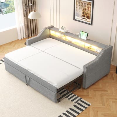 Sweiko Uitschuifbare slaapbank - 90/180 x 190 cm - LED verlichting - USB aansluiting - zonder matras - lichtgrijs
