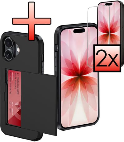 Hoes Geschikt voor iPhone 17 Hoesje Pasjeshouder Hard Cover Met 2x Screenprotector Shock Proof Hard Case Hoes Met Kaarthouder - Zwart