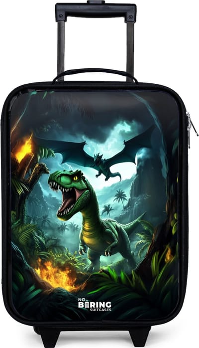 NoBoringSuitcases.com® - Kinderkoffer jongen - Kindertrolley meisje - Dinosaurus en draak in vurige junglevallei - Koffer kind lichtgewicht - Reiskoffer trolley voor kinderen - Koffertje met lichtgevende wieltjes - Rolkoffer zwart