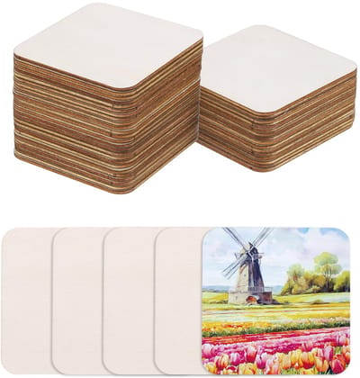 Hout om te knutselen, 40 stuks, 8 cm, afgeronde vierkante houten schijven, decoratie om te beschilderen, voor bruiloft, doe-het-zelf knutselen, brandschilderen, cadeau, kerstversiering