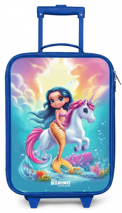 NoBoringSuitcases.com® - Kinderkoffer blauw - Kindertrolley jongen - Zeemeermin met gouden staart met een witte eenhoorn - Koffer kind lichtgewicht - Reiskoffer trolley voor kinderen - Koffertje met lichtgevende wieltjes - Rolkoffer