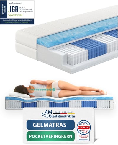 AM Qualitätsmatratzen - Premium gelschuim matras 80x200cm - Gemiddeld (H3) - 10000 veren - Pocketveringmatras gelschuim 80 x 200-6 cm gelschuim deklaag - 24cm hoogte - Made in Germany