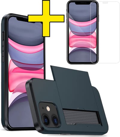 Hoesje Geschikt voor iPhone 11 Hoesje Case Pashouder Hard Cover Met Screenprotector - Hoes Geschikt voor iPhone 11 Hoesje Met Kaarthouder - Donkerblauw
