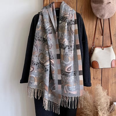 Écharpe Infinie Bohème Paisley Fausse Cachemire pour Femme Hiver Chaud Double Face Épaisse Châle à Imprimé Floral avec Pompons Confortables black