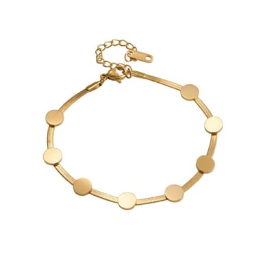 Goudkleurige schakel armband voor dames – minimalistische armband met ronde plaatjes – verstelbare armband van staal