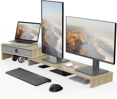 Famanu – Planken met Verstelbare Lengte en Hoek - Houten Monitorstandaards voor 2 Monitoren - Printer - Desktop Organisator - Eik