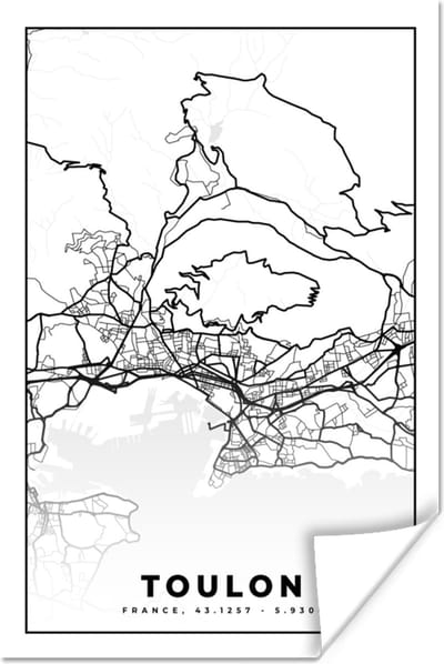 Poster Stadskaart - Frankrijk - Toulon - Kaart - Plattegrond - Zwart wit - 120x180 cm XXL