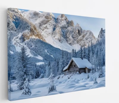 Saammp Canvas Schilderij -Besneeuwd Huis - Landschap - Natuur - 45x30 - Foto op canvas - Wanddecoratie - Muurdecoratie Woonkamer - Slaapkamer decoratie - Canvas Print