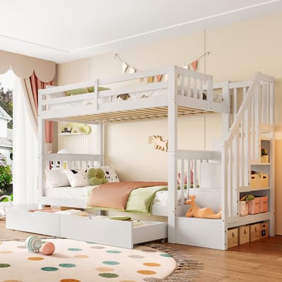 Sweiko Stapelbed - 90 x 200 cm - 2 lades - Opbergplank - Houten kinderbed - Wit