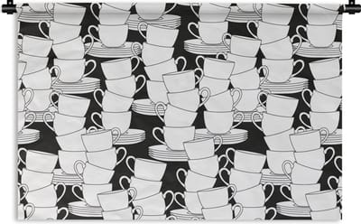 Wandkleed - Wanddoek - Patronen - Zwart wit - Kopjes - Thee - 90x60 cm - Wandtapijt