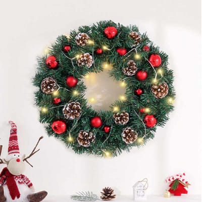 50cm PVC Kerstkransen met LED verlichting-Groen-30 leds Met Batterijbox-Met Rode metalen bal en dennenappels-deurkransen kerstversiering-Kerstdecoratie-Kerstmis
