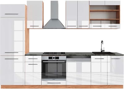 Vicco Fame-Line Complete keukeneenheid – 300 cm, WB Antraciet Wit hoogglans/goud power eiken