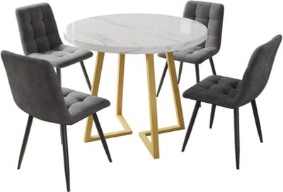 5-delige eettafel set ronde tafel 80 cm met 4 stoelen – modern keuken eetkamer set – wit MDF tafelblad met gouden metalen poten – donkergrijze fluwelen stoelen