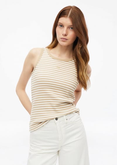 T-shirt Slim Fit Met Geborduurde Strepen Ronde Hals Beige Sand Gestreept Dames s.Oliver