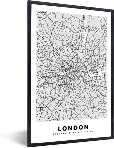 Fotolijst incl. Poster Zwart Wit- Londen - Stadskaart - Plattegrond - Zwart Wit - Kaart - 40x60 cm - Posterlijst