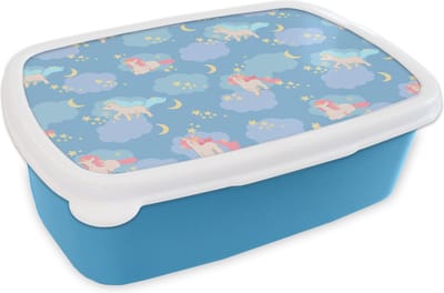 Broodtrommel Blauw - Lunchbox - Brooddoos - Unicorn - Patronen - Sterrenhemel - 18x12x6 cm - Kinderen - Jongen