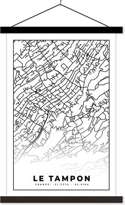 Posterhanger incl. Poster 40x60 cm - Schoolplaat - Stadskaart - Plattegrond - Kaart - Le Tampon - Frankrijk - Zwart wit - Textielposter - Zwarte latten - Stadskaart