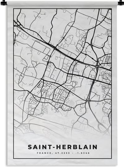 Wandkleed - Wanddoek - Kaart - Plattegrond - Saint-Herblain - Frankrijk - Stadskaart - Zwart wit - 120x180 cm - Wandtapijt