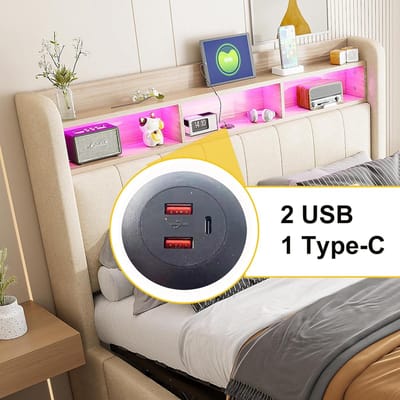 Gestoffeerd LED Bed 180x200 cm met USB & Type-C - Tweepersoonsbed met Hydraulische Opbergruimte, Hoofdeinde met Planken & Linnen Stof Beige - Mobili Bella