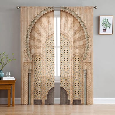 Geel Hek Open Kant Pilaar Snijwerk Slaapkamer Transparante Dunne Gordijnen Vakantiedecoratie Raam Voile Tule Gordijn 135W x 160H(cm) x 2
