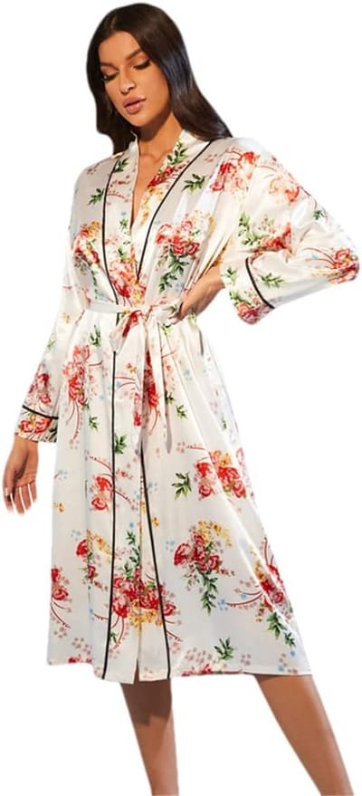 Satijnen Kimono - Lange badjas - Ontspannen thuis - Bloemenprint - Middellang - Veelkleurig