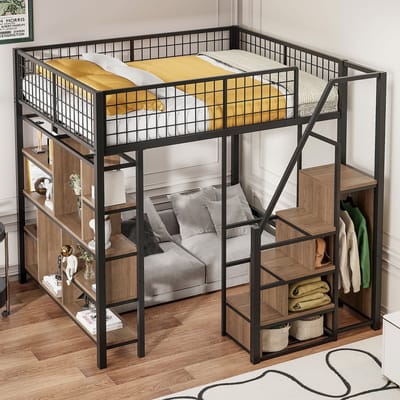 Multifunctioneel Stapelbed - 140 x 200 cm - Bed met Opslagruimte en Planken - Met Trap - Metaal - Zwart