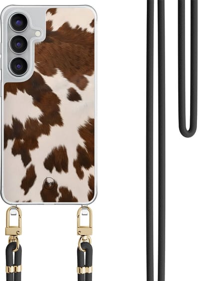 Telefoonhoesje met koord geschikt voor Samsung S25 FE - Cow vibe - Inclusief Zwart koord - Transparant, Bruin - Print - Crossbody beschermhoes - Met Telefoonketting