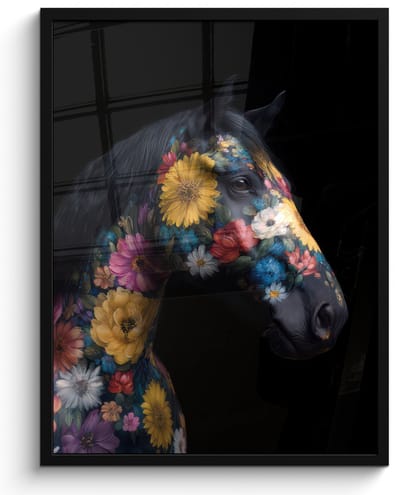 Poster in lijst - Fotolijst 60x80 cm - Posters - Paard - Bloemen - Zwart - Posterlijst zwart - Decoratie - Wanddecoratie woonkamer - Muurdecoratie slaapkamer