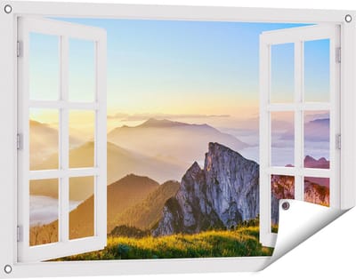 Gards Tuinposter Doorkijk Zonsopkomst in de Bergen in de Alpen - 90x60 cm - Tuindoek - Tuindecoratie - Wanddecoratie buiten - Tuinschilderij