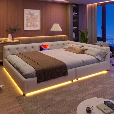 Pugsdrly - Slaapbank - Dagbed - 140x200 cm - Met lattenbodem (zonder matras) - Sfeerverlichting met afstandsbediening - Hoofdeinde met knopen - USB + Type-C - Linnen - Beige