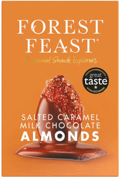 Forest Feast amandelen omhuld met melkchocolade en gezouten karamel in een geschenkkoker, 140 g