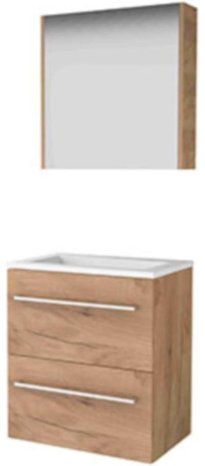 Basic-Line Comfort 39 Badkamermeubelset - Ondiep - 60 x 39 cm - Met Grepen - 2 Lades - Acryl Wastafel - 1 Kraangat - Spiegelkast - Whisky Oak