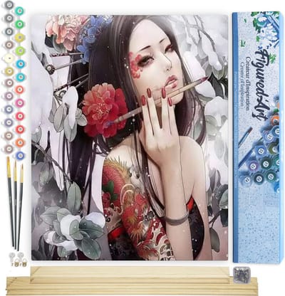 Figured'Art Schilderen op Nummer Volwassenen canvas Mooie Aziatische dame - Handwerk acrylverf Kit DIY Compleet - 40x50cm met DIY houten lijst